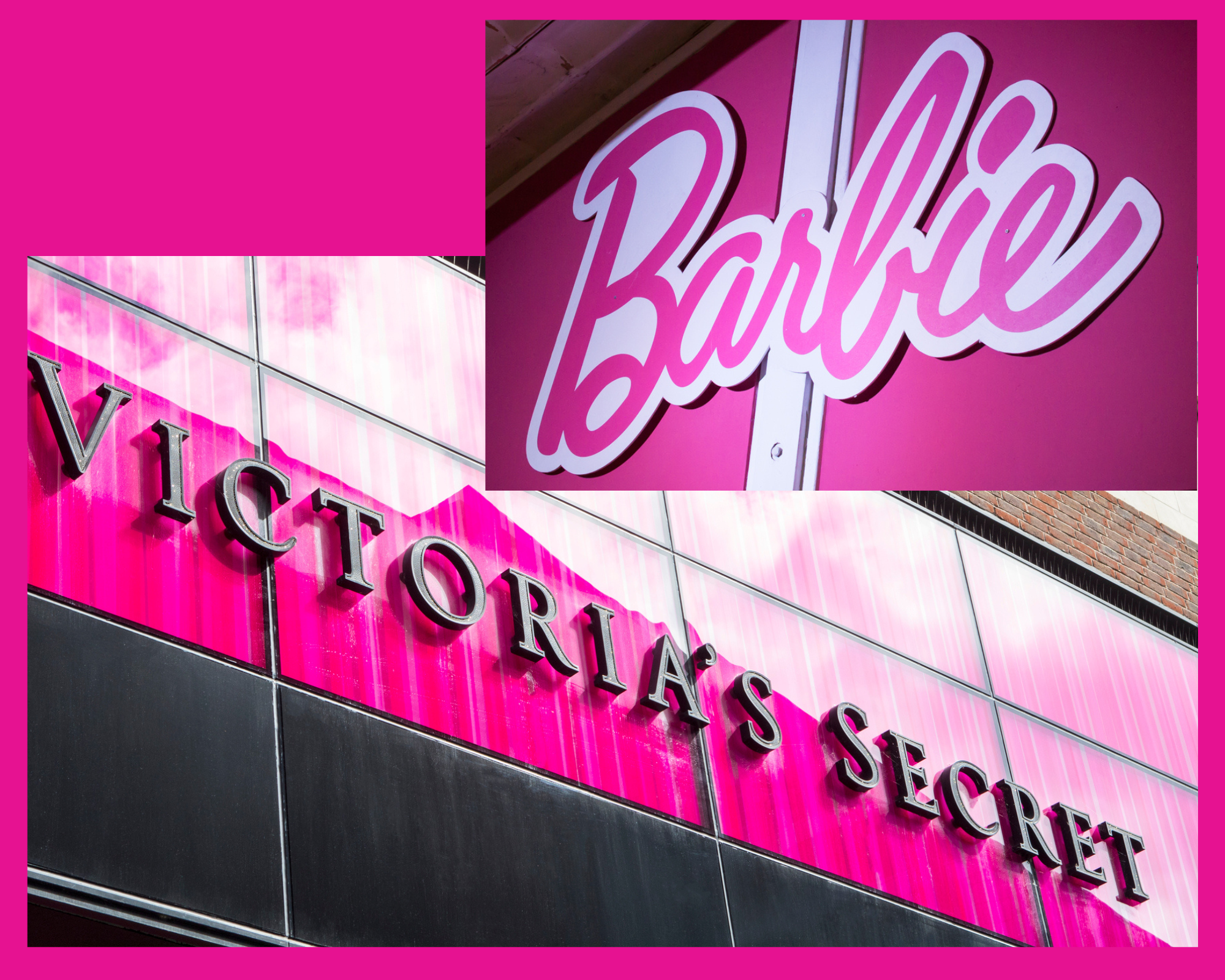 Pink logos of Victoria's Secret and Barbie